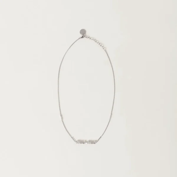 Miu Miu metal necklace in steel tone with sparkling clear crystal accents