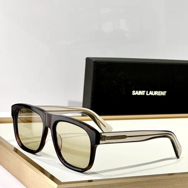 Elegant SL 558 sunglasses by Saint Laurent resting beside branded case and microfiber cleaning cloth
