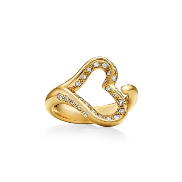 Elsa Peretti® Open Heart Ring in yellow gold featuring pavé diamonds and iconic open heart design
