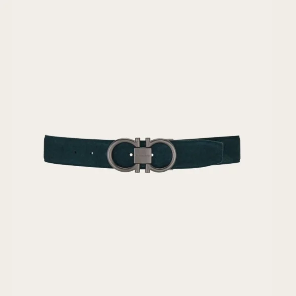 Ferragamo Adjustable Gancini Belt in moss green leather with signature Gancini buckle and elegant Italian design