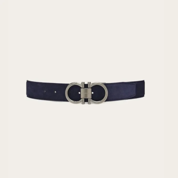 Ferragamo Adjustable Gancini Belt in navy blue leather featuring iconic Gancini buckle and refined Italian style