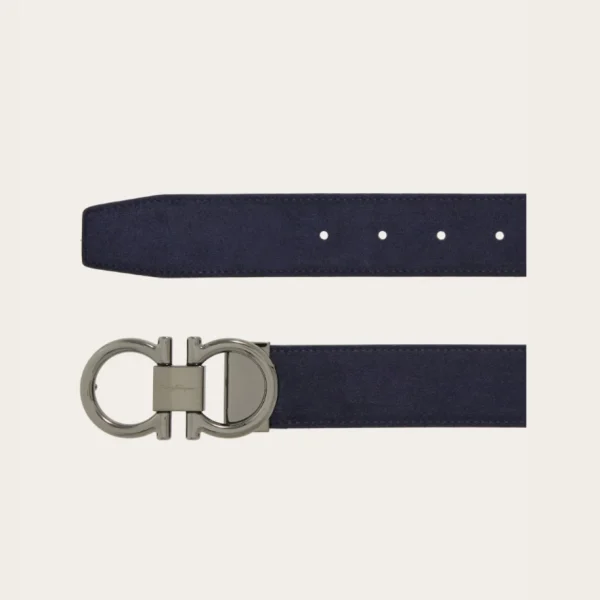Elegant Ferragamo Gancini Belt in navy blue with adjustable fit and timeless luxury appeal