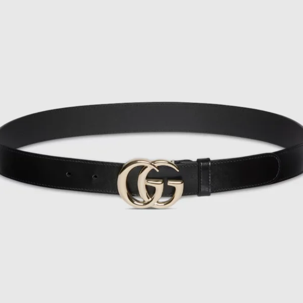 Gucci GG Marmont Thin Belt in smooth black leather with antique gold double G buckle and sleek silhouette