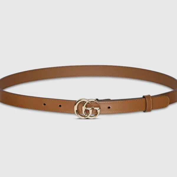 Gucci GG Marmont Thin Belt in brown leather featuring antique gold GG buckle and a refined slim silhouette