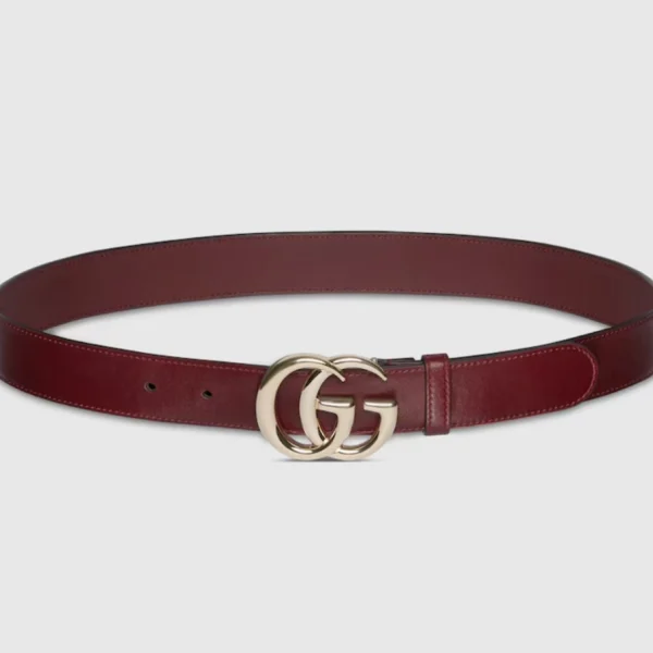 Gucci GG Marmont Thin Belt in Rosso Ancora red leather featuring antique gold double G buckle and sleek design