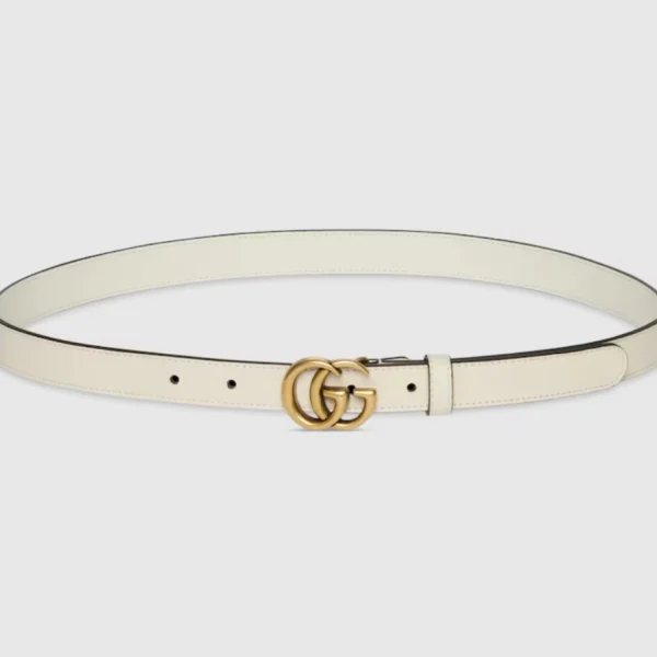 Gucci GG Marmont Thin Belt in crisp white leather with signature double G buckle and sleek, elegant finish