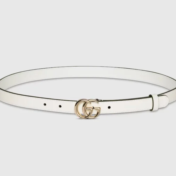 Gucci GG Marmont Thin Belt in white leather with antique gold GG buckle and minimalist slim profile