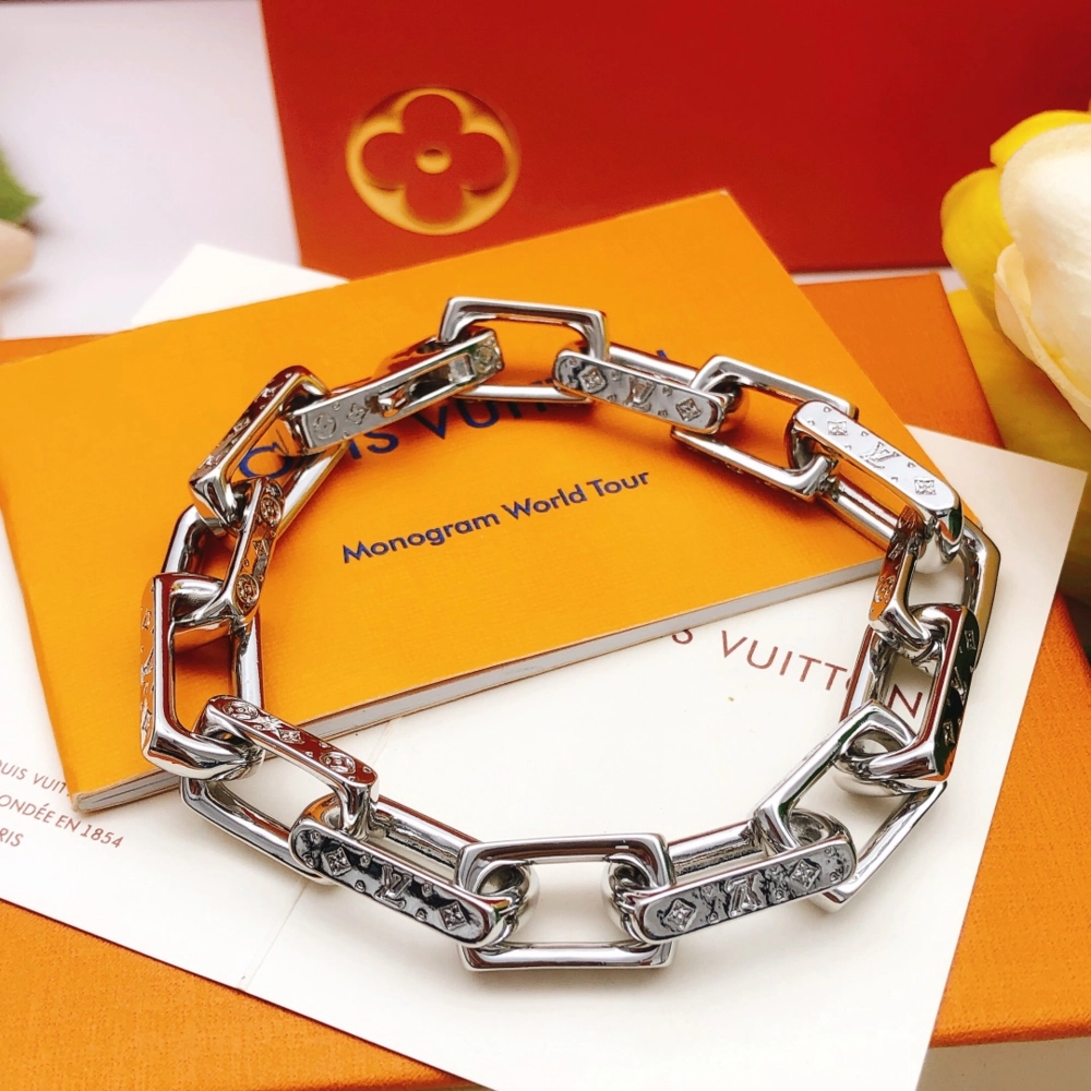 Close-up of Louis Vuitton Monogram Chain Bracelet showcasing signature LV chain links and polished finish