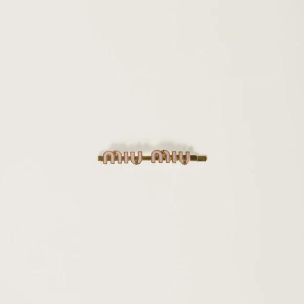 Miu Miu enameled metal hair clip with engraved logo and glossy finish