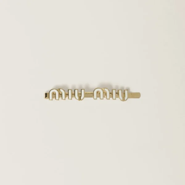 Miu Miu enameled metal hair clip in glossy white with engraved logo