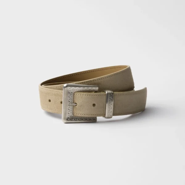 Prada Suede Belt Desert Beige featuring soft suede texture and elegant Italian craftsmanship
