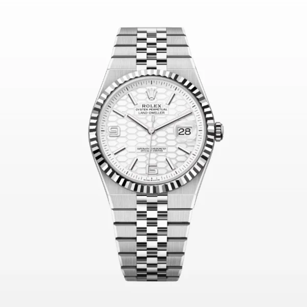 Rolex Land-Dweller 40mm luxury watch with black dial, stainless steel case, Oyster bracelet, complete with box, accessories, and paperwork