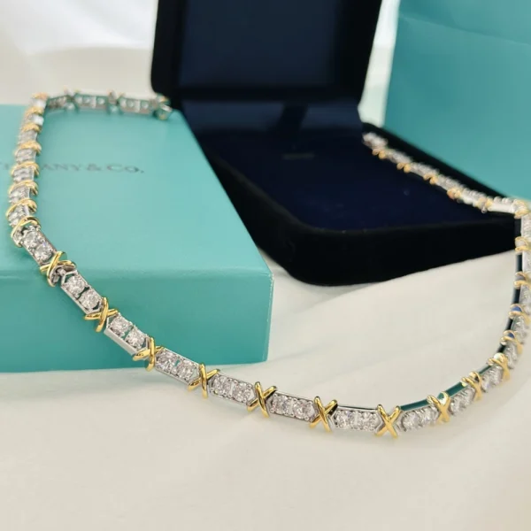 Close-up of Tiffany Sixteen Stone necklace showing alternating platinum and yellow gold settings with sparkling diamonds