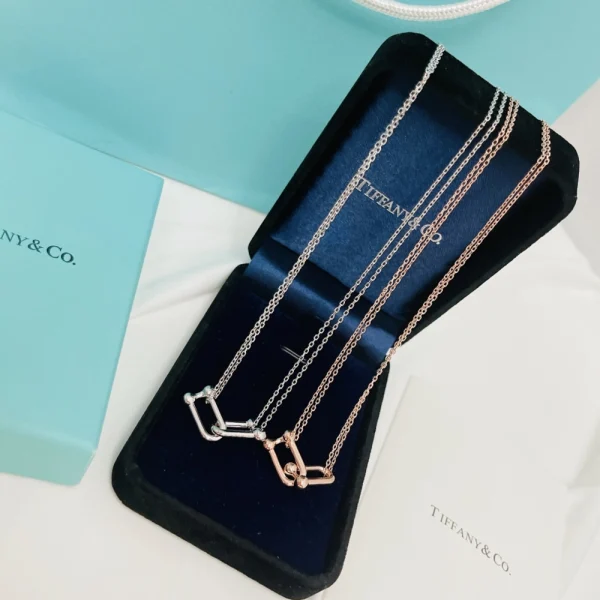 Tiffany Double Link Pendant in rose gold displayed on chain, reflecting contemporary elegance and structure