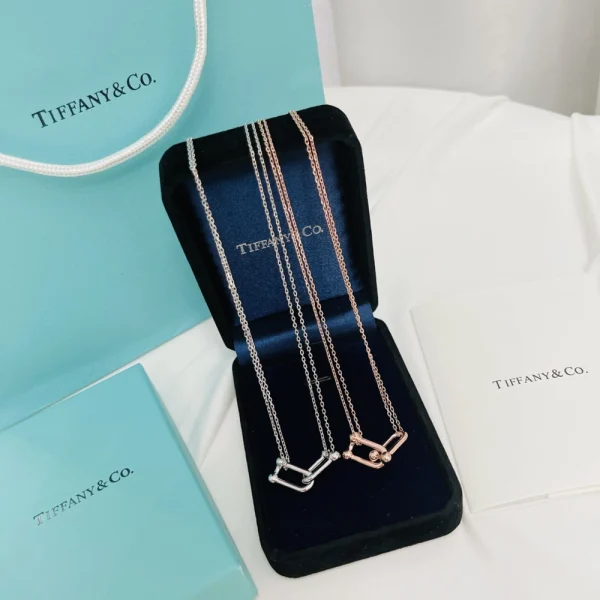 Tiffany Double Link Pendant in white gold displayed on chain, emphasizing sleek lines and contemporary form