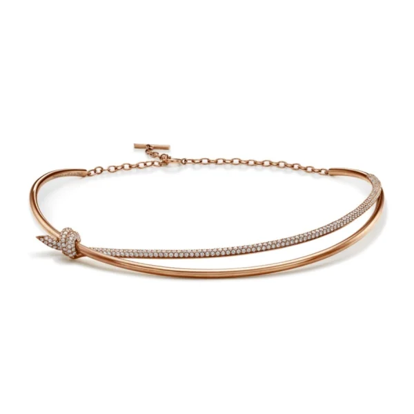 Tiffany Knot Double Row Necklace in rose gold featuring pavé diamonds and a sculptural double-knot centerpiece