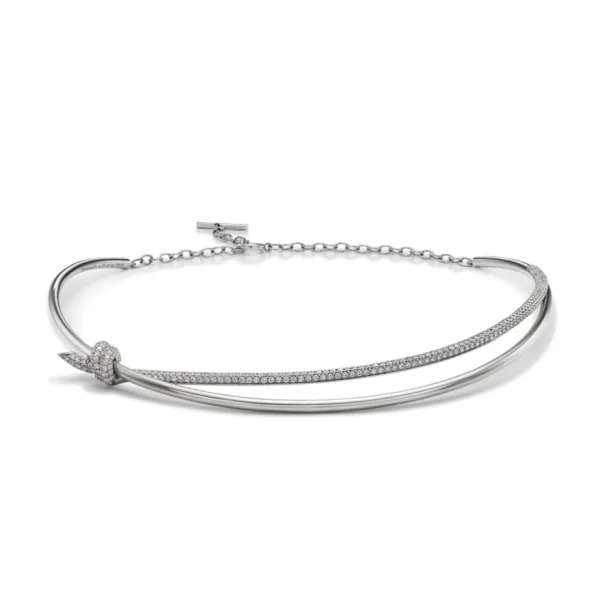 Tiffany Knot Double Row Necklace in white gold featuring pavé diamonds and an elegant double-knot centerpiece