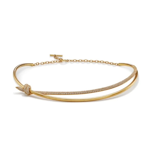Tiffany Knot Double Row Necklace in yellow gold with pavé diamonds and intertwined knot centerpiece design