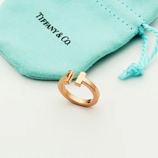 Close-up of Tiffany T Square Ring showcasing clean lines and modern geometric shape in rose gold