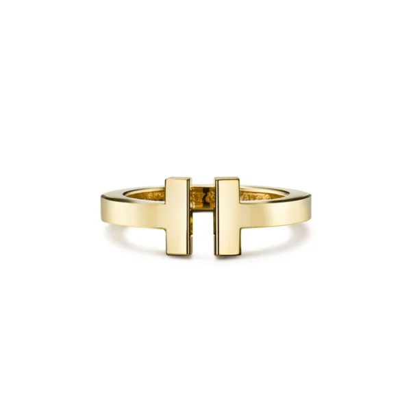 Tiffany T Square Ring in yellow gold featuring bold square design and polished finish
