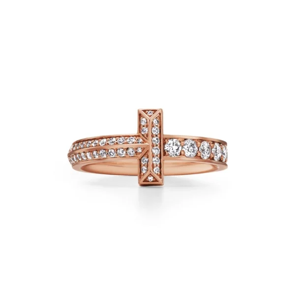 Tiffany T T1 Narrow Ring in rose gold featuring pavé diamonds and sleek minimalist design