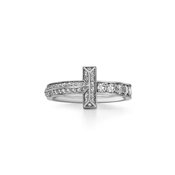Tiffany T T1 Narrow Ring in white gold featuring pavé diamonds and sleek minimalist design