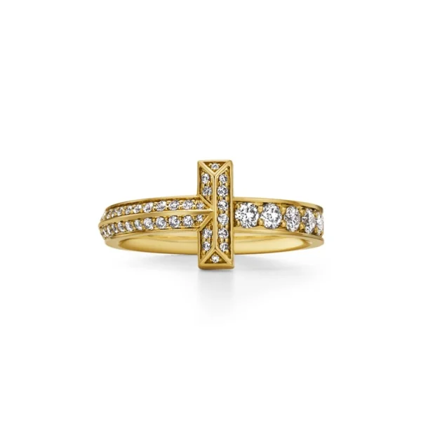 Tiffany T T1 Narrow Ring in yellow gold featuring pavé diamonds and sleek minimalist design