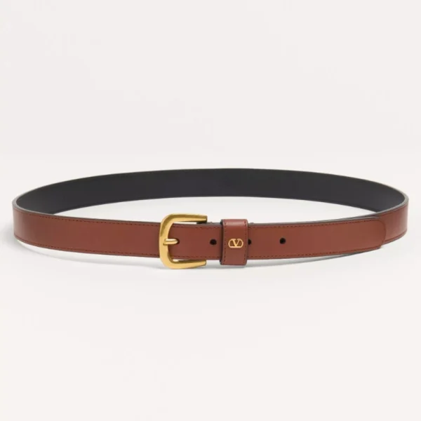 Valentino VLogo Signature Belt in Shiny Calfskin 25mm Deep Caramel featuring polished leather and iconic VLogo buckle