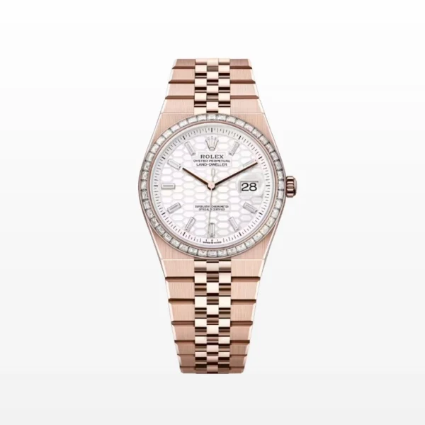 Rolex Land-Dweller 36 Everose Gold and Diamonds luxury watch with black dial, diamond-set bezel, and Oyster bracelet combining elegance and sophistication