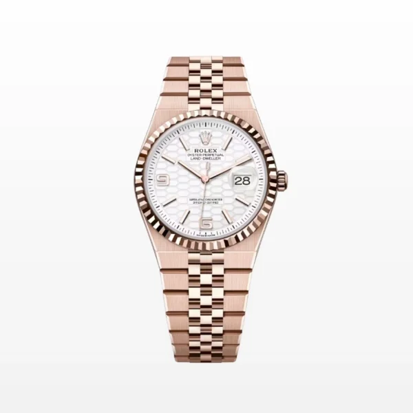 Rolex Land-Dweller 36 Everose Gold luxury watch with black dial, unidirectional rotating bezel, and Oyster bracelet offering refined elegance and durability