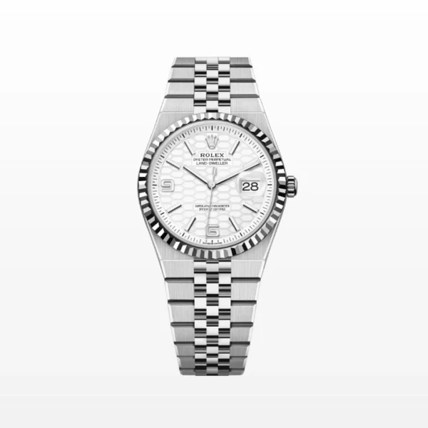 Rolex Land-Dweller 36 Oystersteel and White Gold luxury watch with black dial, unidirectional rotating bezel, and Oyster bracelet combining strength and elegance