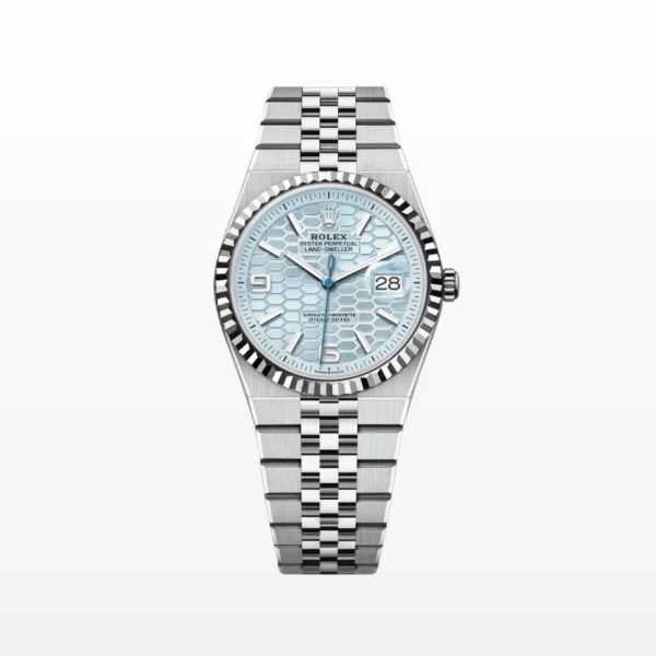 Rolex Land-Dweller 36 Platinum luxury watch with ice blue dial, unidirectional rotating bezel, and Oyster bracelet combining sophistication and durability