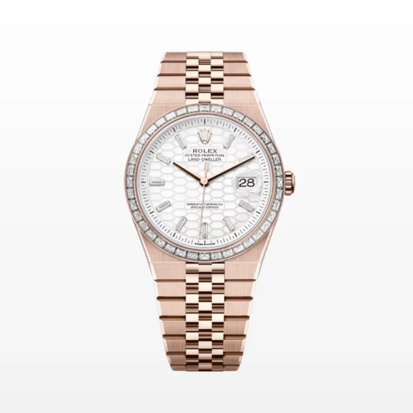 Rolex Land-Dweller 40 Everose Gold and Diamonds luxury watch with black dial, diamond-set bezel, and Oyster bracelet combining elegance and performance