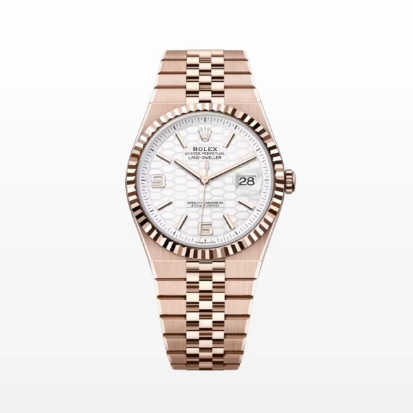 Rolex Land-Dweller 40 Everose Gold luxury watch with black dial, unidirectional rotating bezel, and Oyster bracelet showcasing timeless elegance and strength