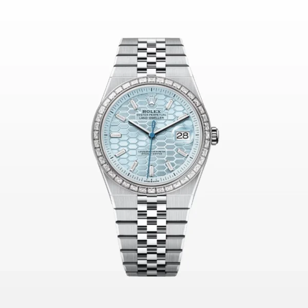 Rolex Land-Dweller 40 Platinum and Diamonds luxury watch with ice blue dial, diamond-set bezel, and Oyster bracelet combining elegance and durability