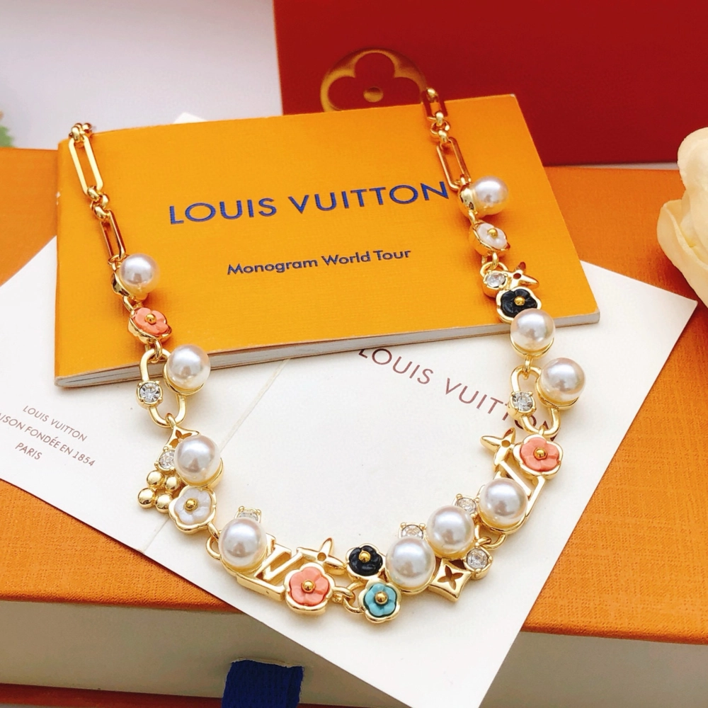 Louis Vuitton Metal Resin Pearl Crystal Necklaces